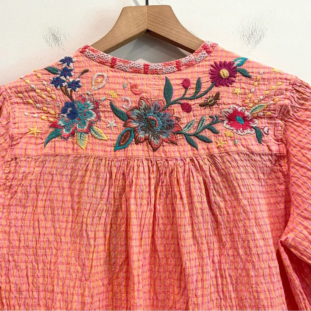 Johnny Was Olinda Embroidered Puff Sleeve Textured Blouse